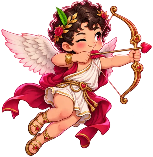 Cartoon Eros with wings, a green feather, bow and heart arrow