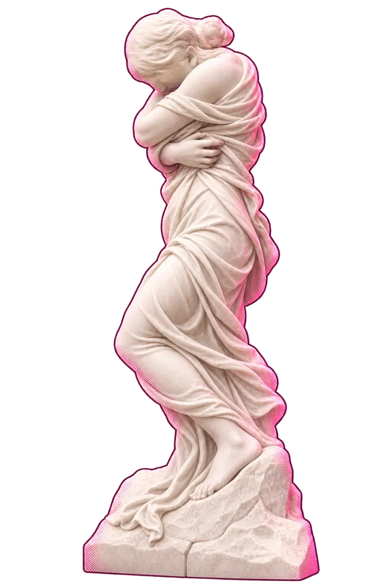 Pink-lit marble figure in flowing drapery