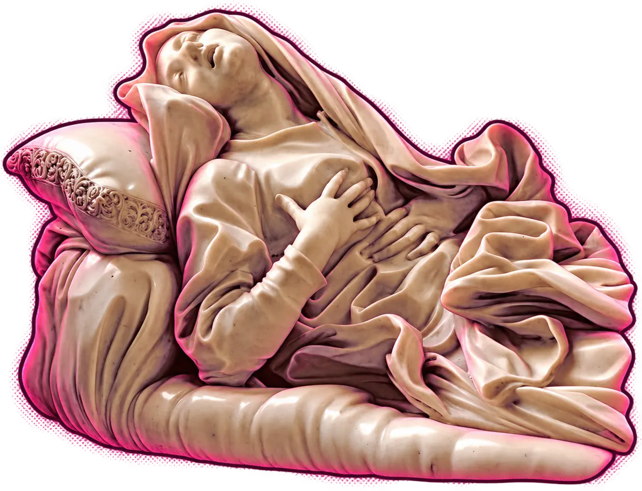 Pink-lit reclining veiled marble sculpture