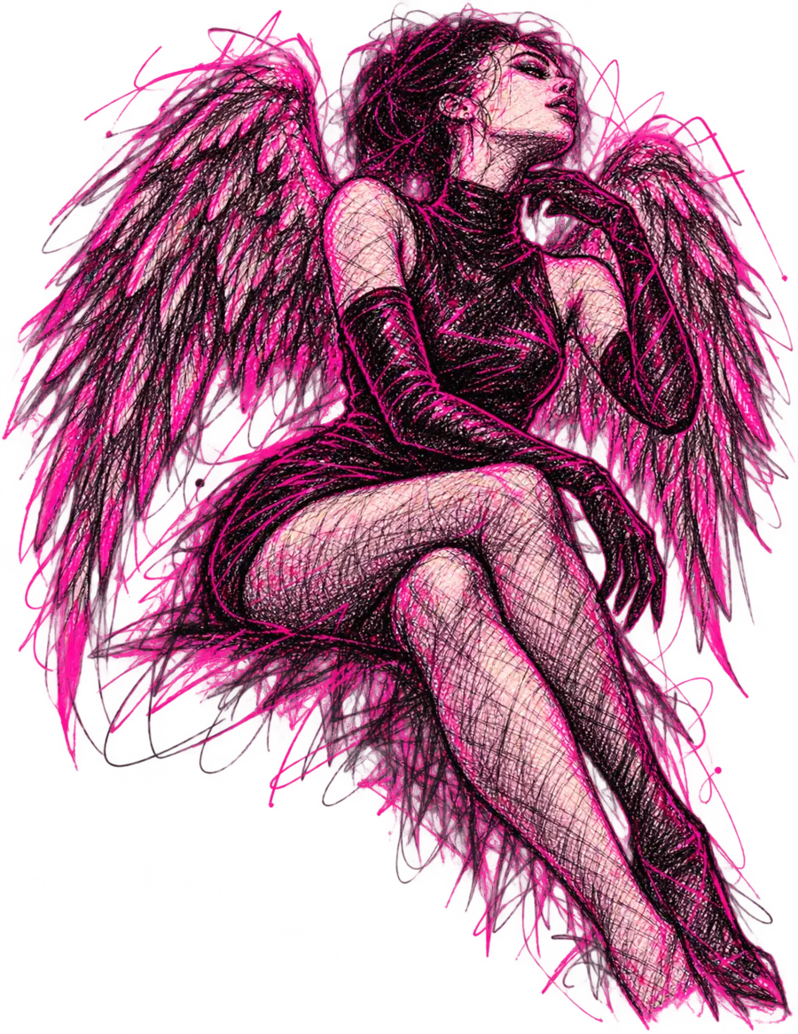 Adult winged fashion figure rendered in black and pink line art